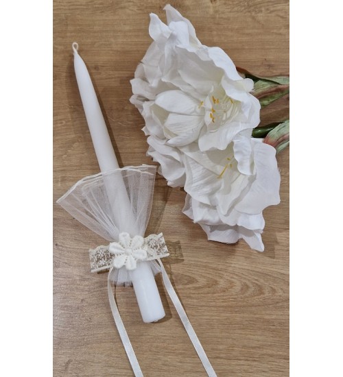 Krikšto žvakė su papuošimu 30 cm. Spalva balta / gėlytė (26)